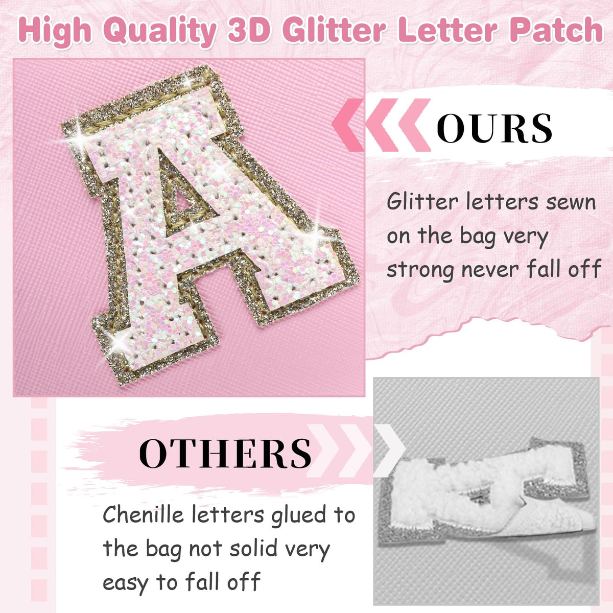 ChaoGreat Pink Glitter Initial A-Z Makeup Bag with cosmetics inside