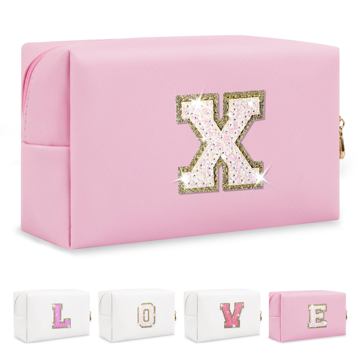 ChaoGreat pink glitter initial A-Z patch makeup bag front view