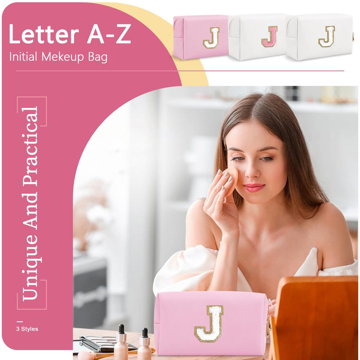 ChaoGreat pink initial makeup bag lifestyle shot on a vanity