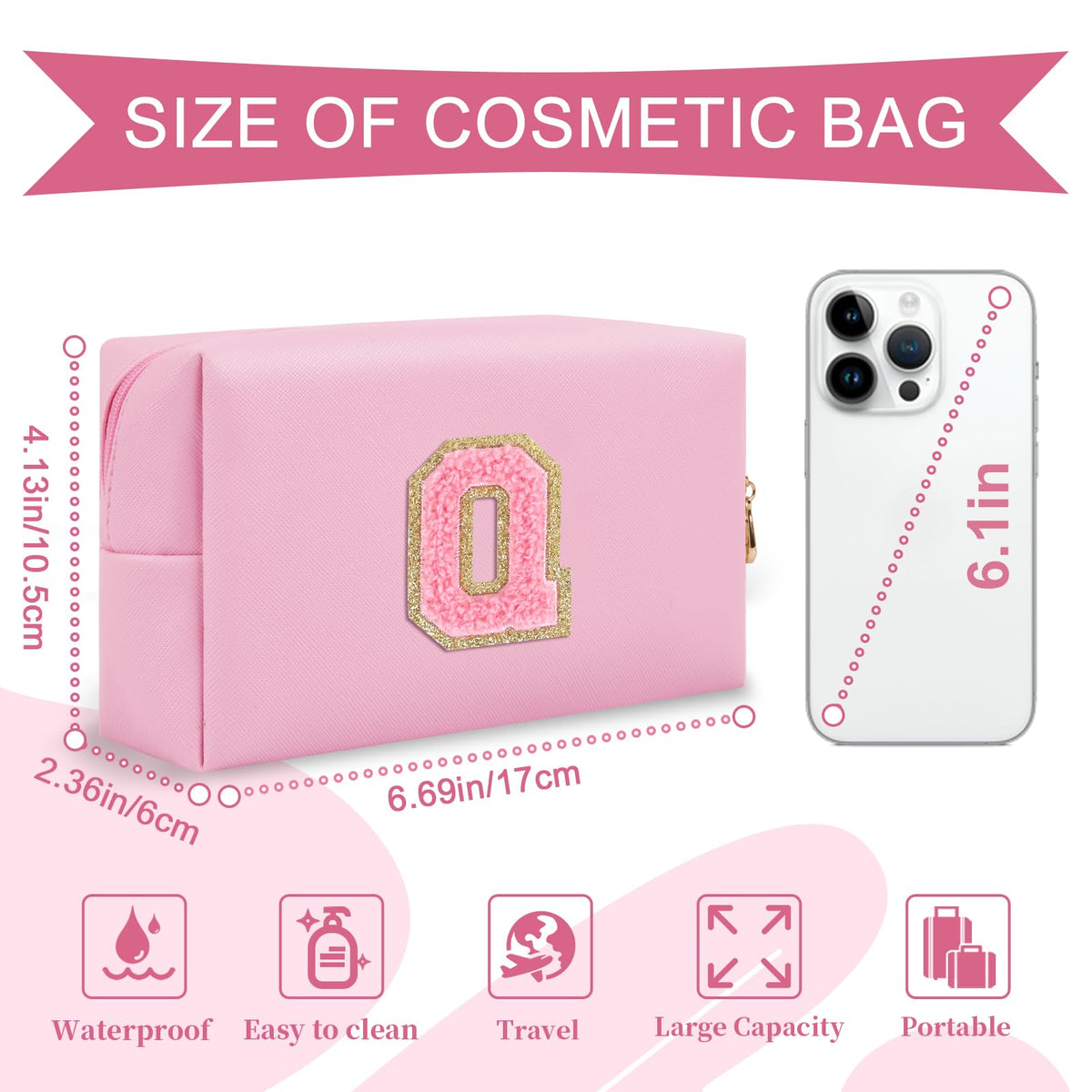 ChaoGreat pink makeup bag side view with zipper