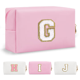 ChaoGreat pink personalised makeup bag with letter G patch front view