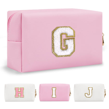 ChaoGreat pink personalised makeup bag with letter G patch front view