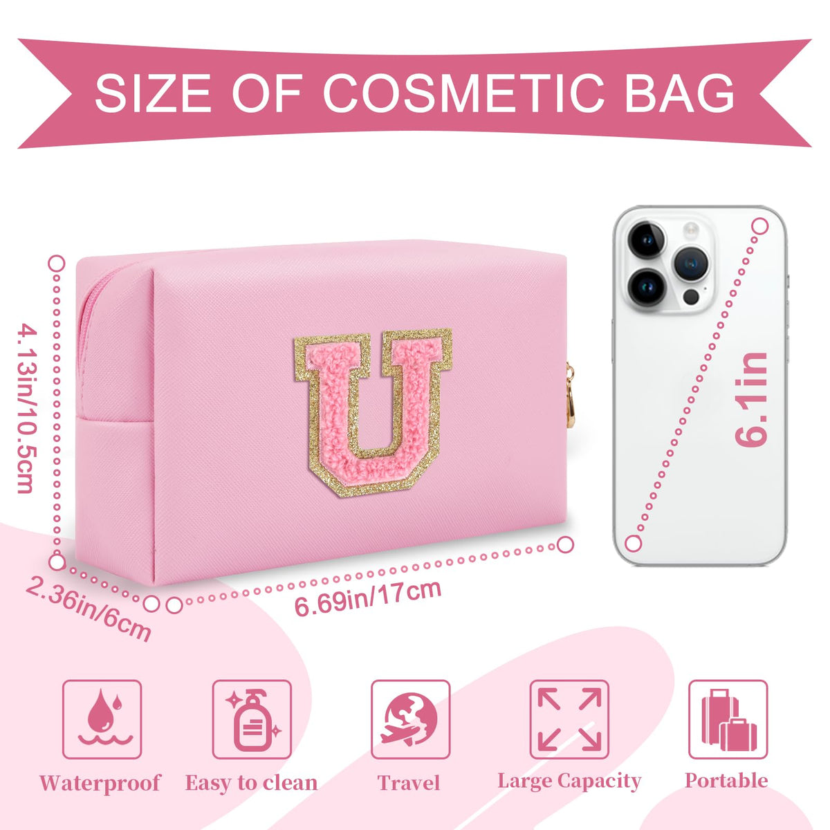 ChaoGreat pink PU leather makeup bag with golden chenille patch