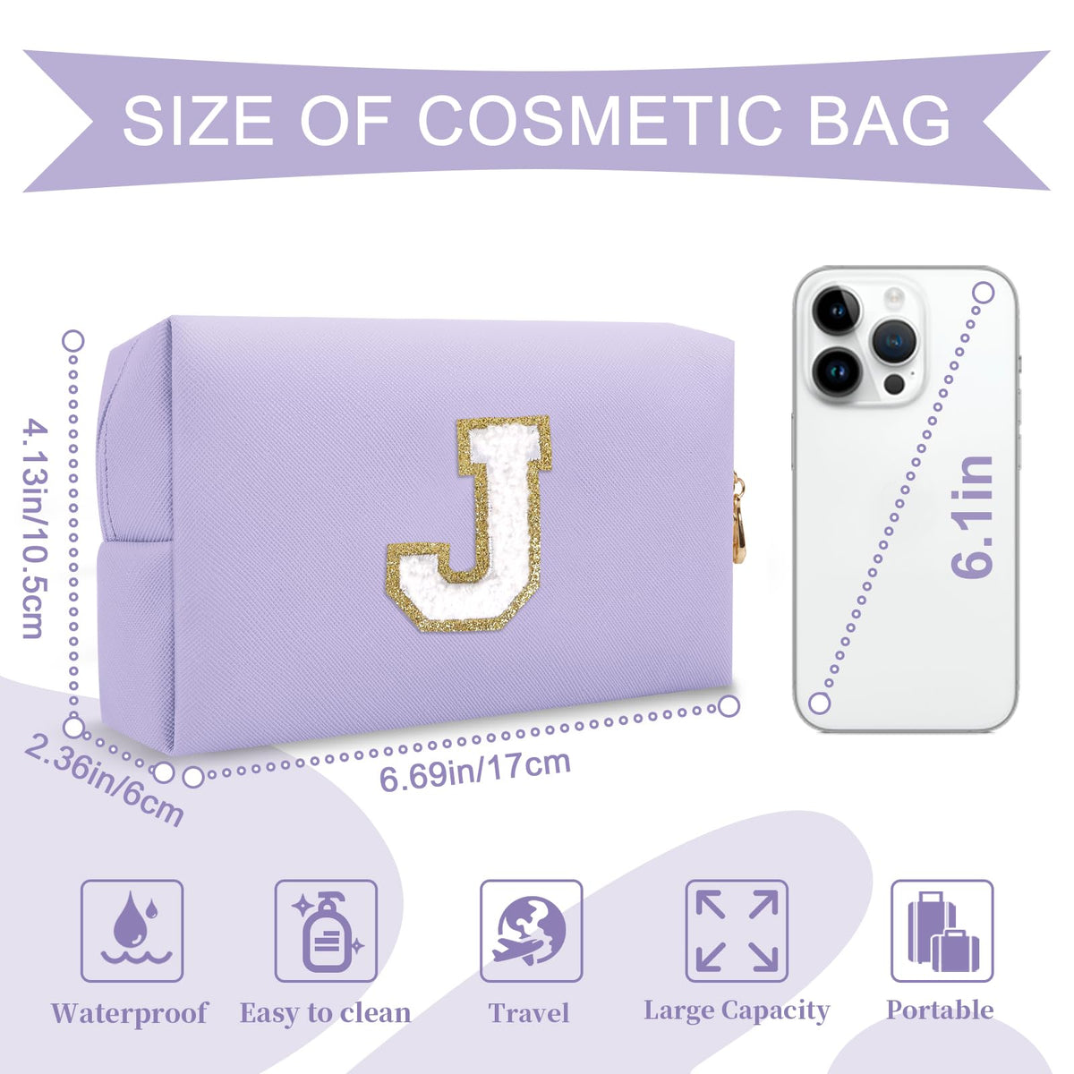 ChaoGreat purple cosmetic bag showing golden glittering chenille patch