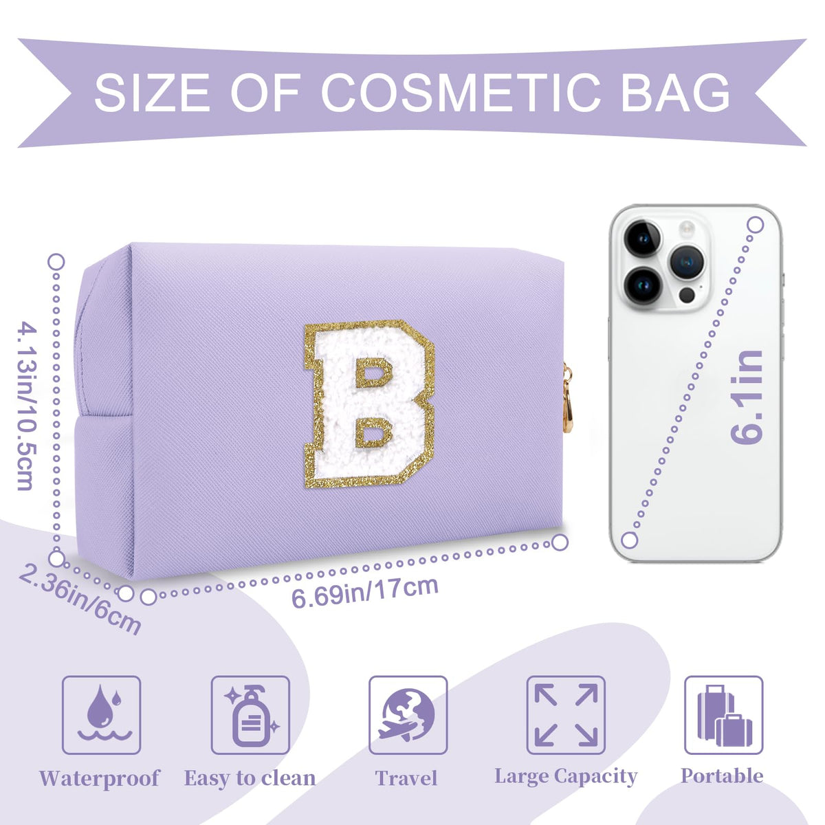 ChaoGreat Purple Makeup Bag showing golden glittering chenille patch