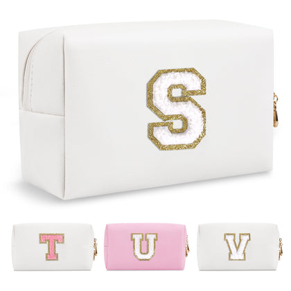 ChaoGreat Small Initial Makeup Bag front view with glitter chenille patch