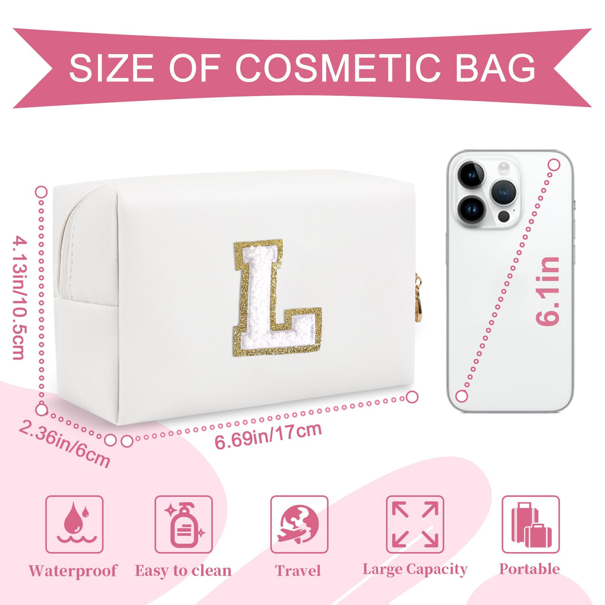 ChaoGreat Small Initial Makeup Bag side view showing zipper