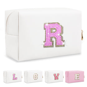 ChaoGreat Small Initial Patch Makeup Bag front view with glitter