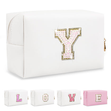 ChaoGreat Small Initial Patch Makeup Bag front view with glitter design