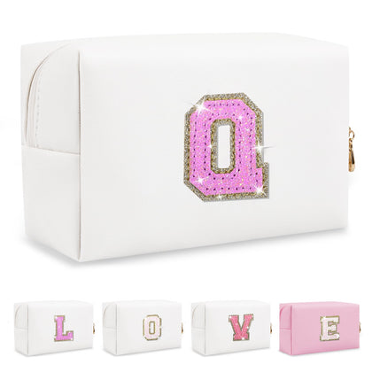 ChaoGreat Small Initial Patch Makeup Bag front view with glitter design
