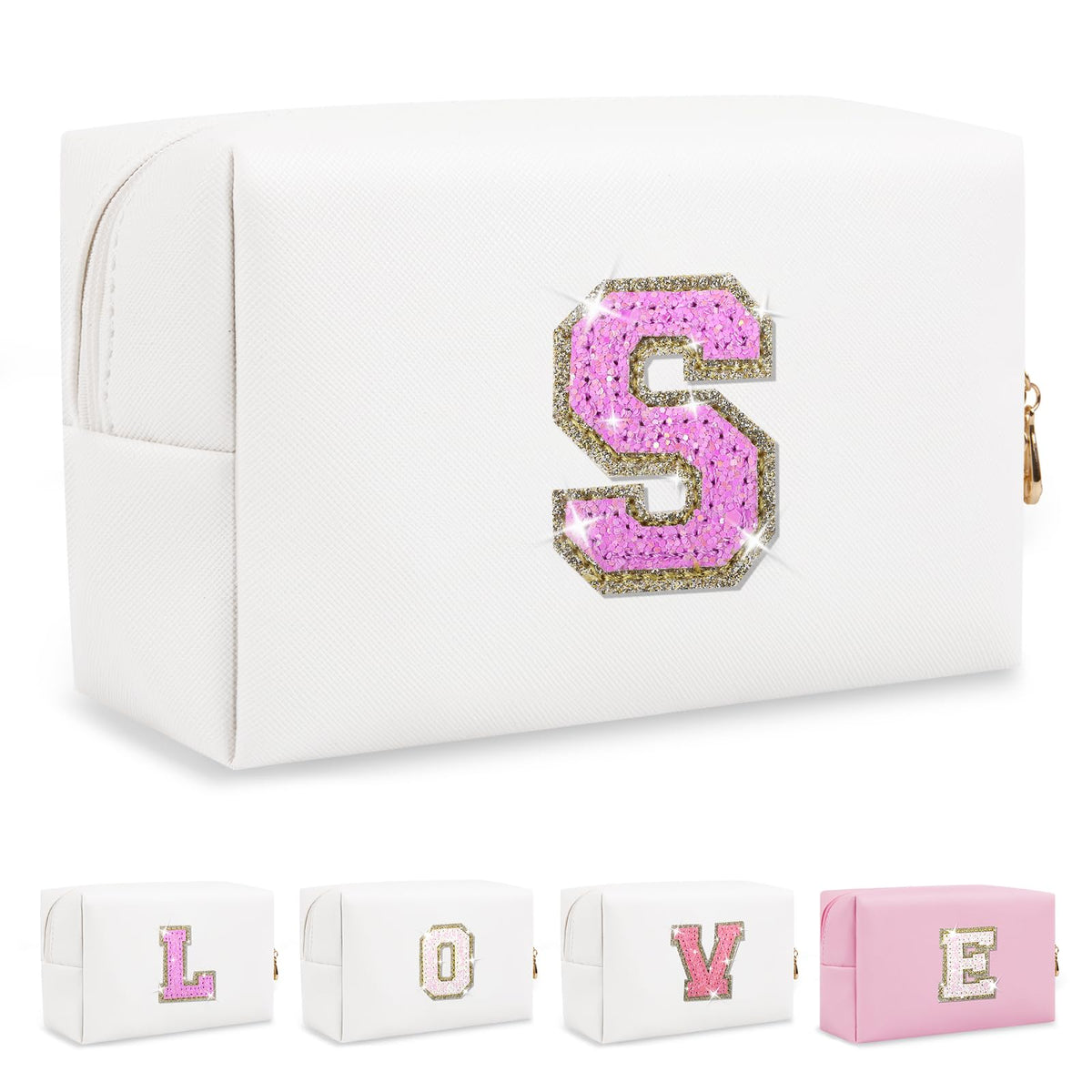 ChaoGreat Small Initial Patch Makeup Bag front view with glitter design