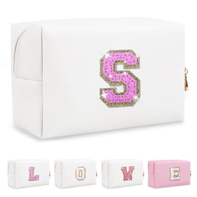 ChaoGreat Small Initial Patch Makeup Bag front view with glitter design