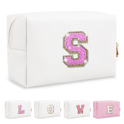 ChaoGreat Small Initial Patch Makeup Bag front view with glitter design