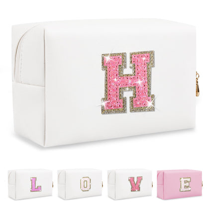 ChaoGreat Small Initial Patch Makeup Bag front view with glitter design