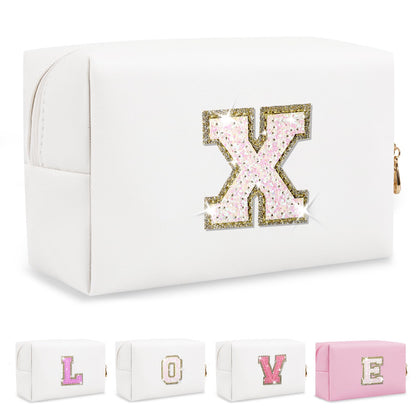ChaoGreat Small Initial Patch Makeup Bag front view with glitter sequins