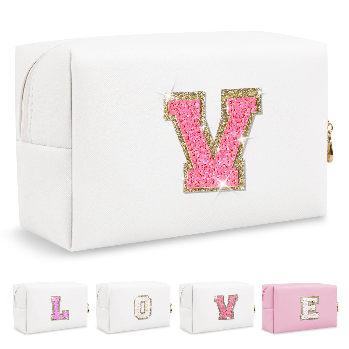 ChaoGreat Small Personalised Initial A-Z Patch Makeup Bag front view with glitter detail