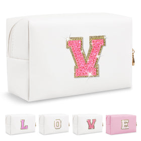 ChaoGreat Small Personalised Initial A-Z Patch Makeup Bag front view with glitter detail