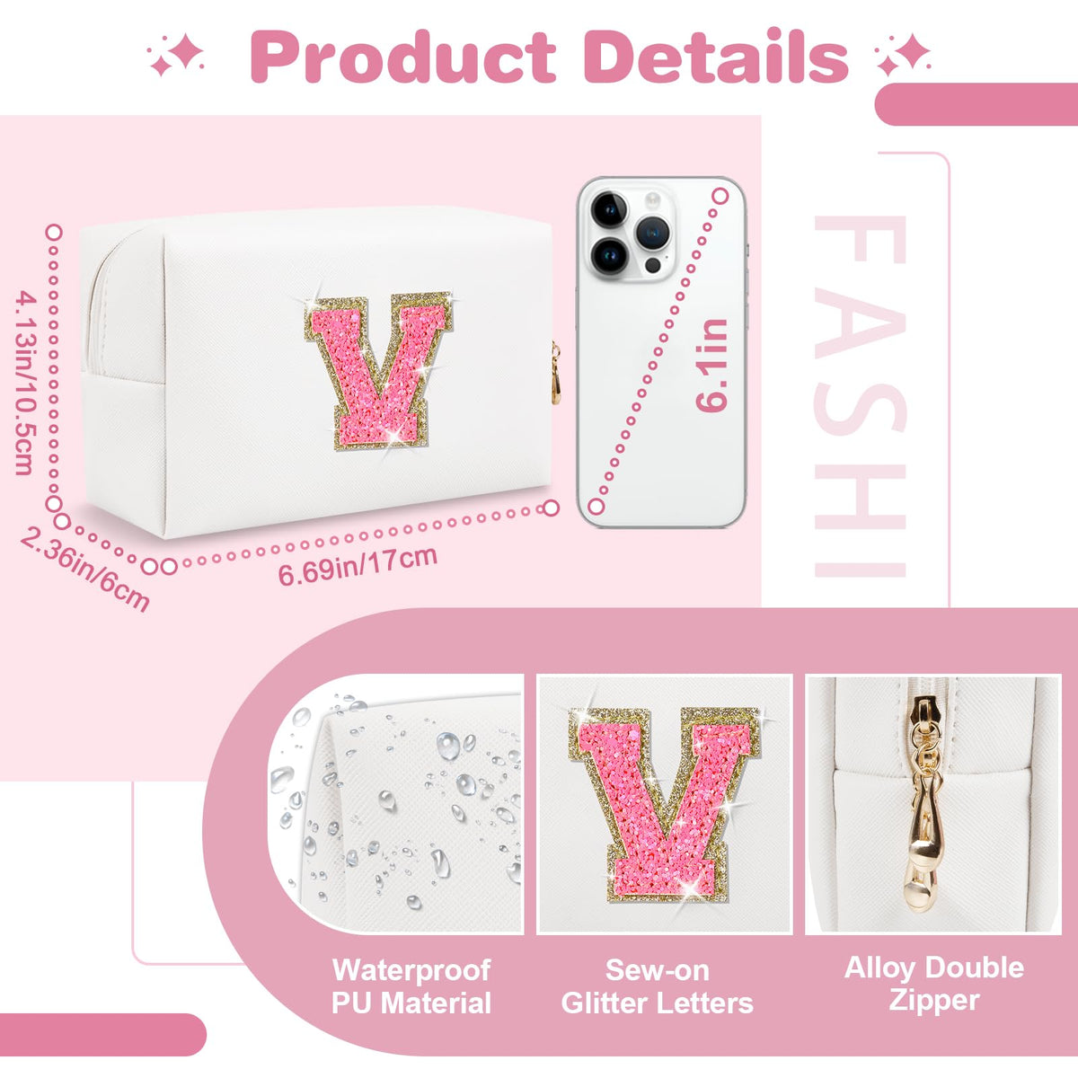 ChaoGreat Small Personalised Initial A-Z Patch Makeup Bag side view showing zipper