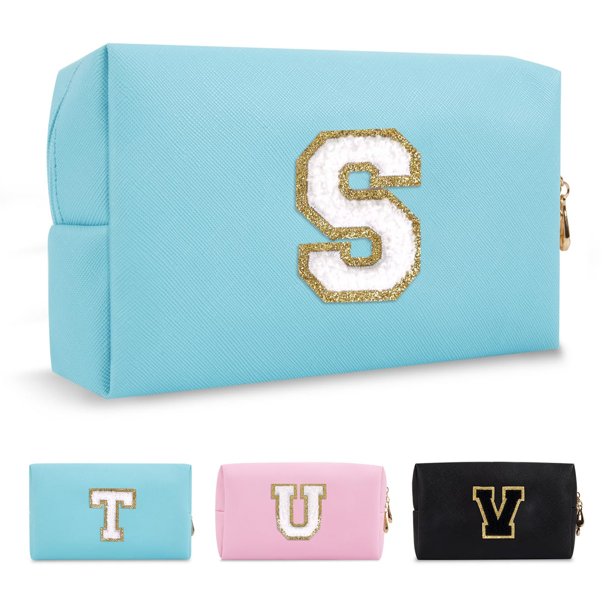 ChaoGreat Small Personalised Initial Makeup Bag front view in blue