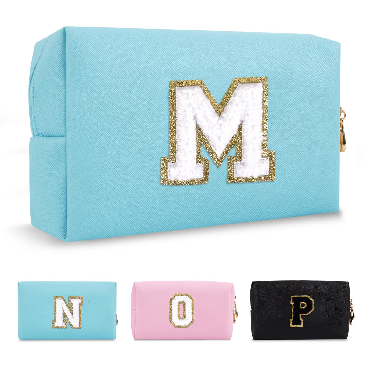 ChaoGreat Small Personalised Initial Makeup Bag in blue with glitter patch