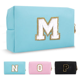 ChaoGreat Small Personalised Initial Makeup Bag in blue with glitter patch