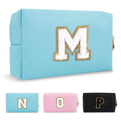 ChaoGreat Small Personalised Initial Makeup Bag in blue with glitter patch