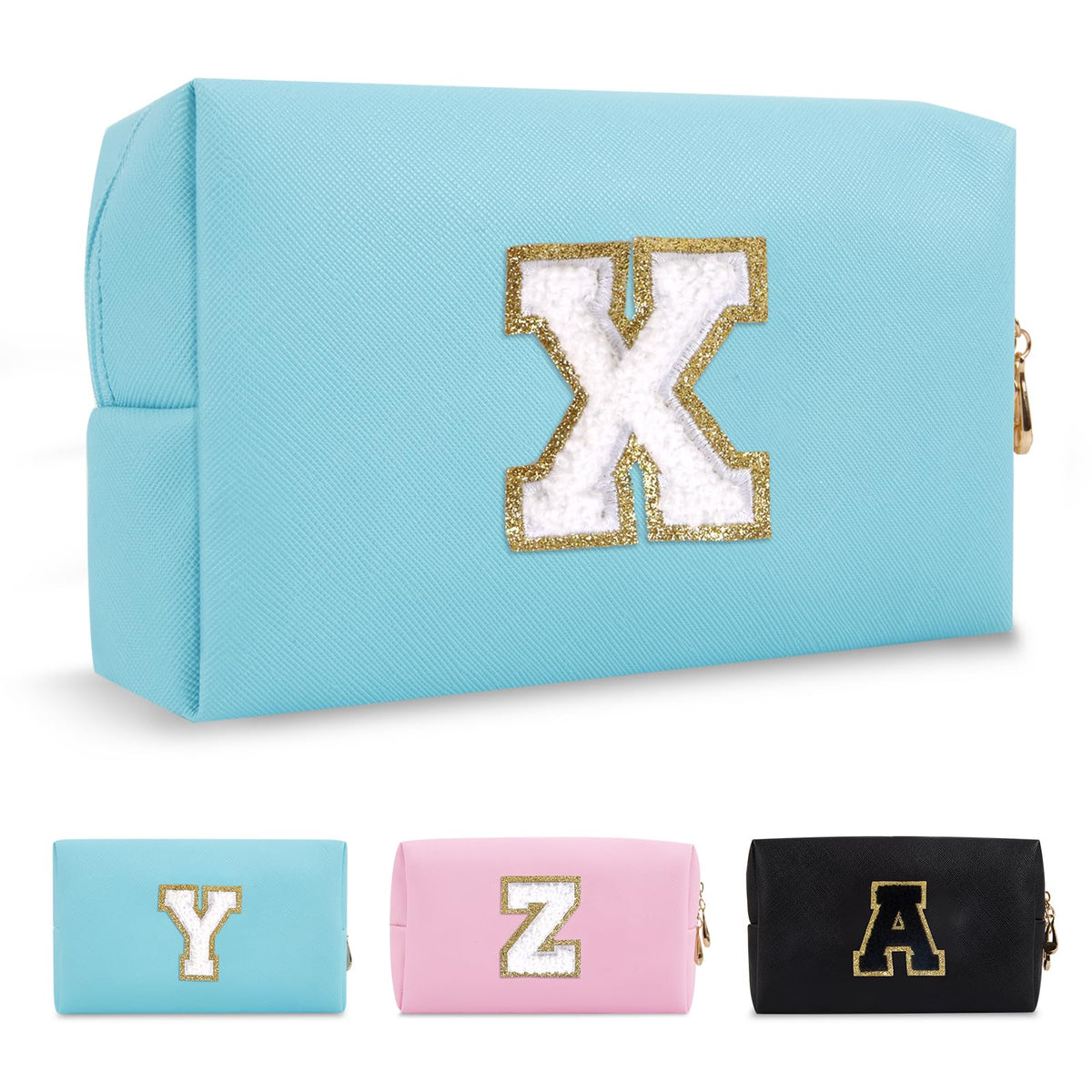 ChaoGreat Small Personalised Initial Makeup Bag in blue with glittering chenille patch