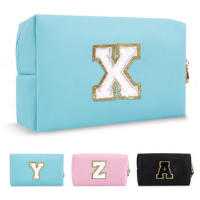 ChaoGreat Small Personalised Initial Makeup Bag in blue with glittering chenille patch