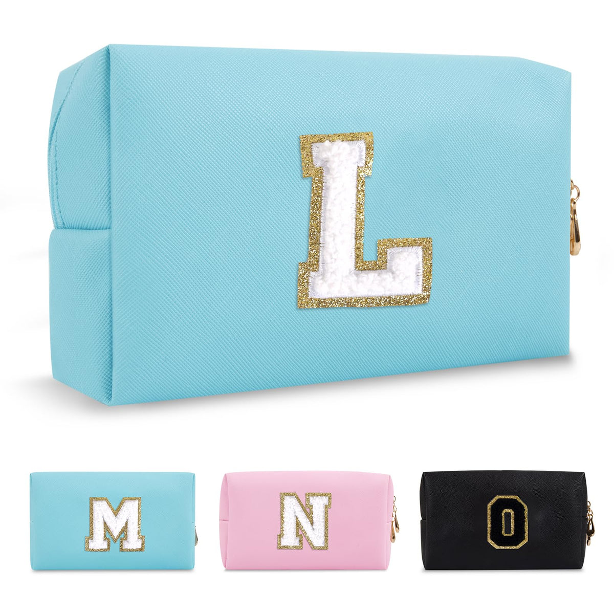ChaoGreat Small Personalised Initial Makeup Bag in blue with golden glitter patch