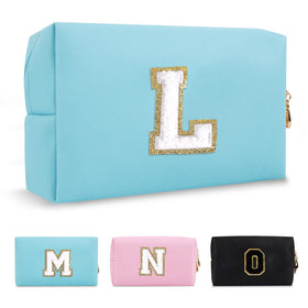 ChaoGreat Small Personalised Initial Makeup Bag in blue with golden glitter patch