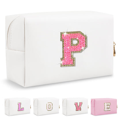 ChaoGreat Small Personalised Initial Makeup Bag in white with glitter patch