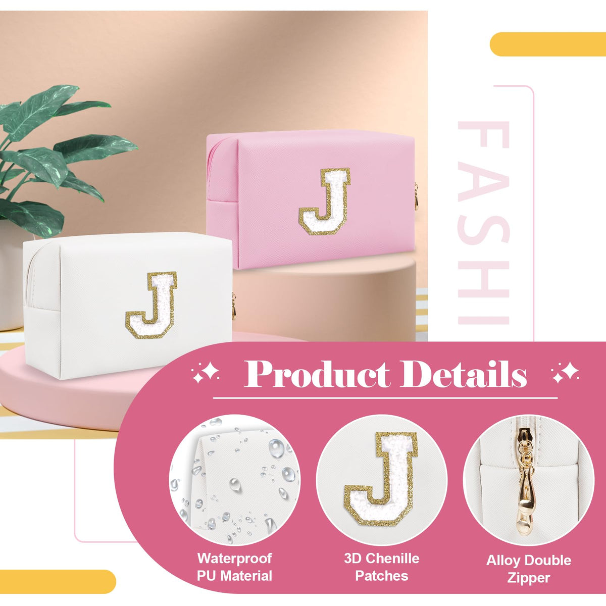 ChaoGreat Small Personalised Initial Makeup Bag Letter J with zipper