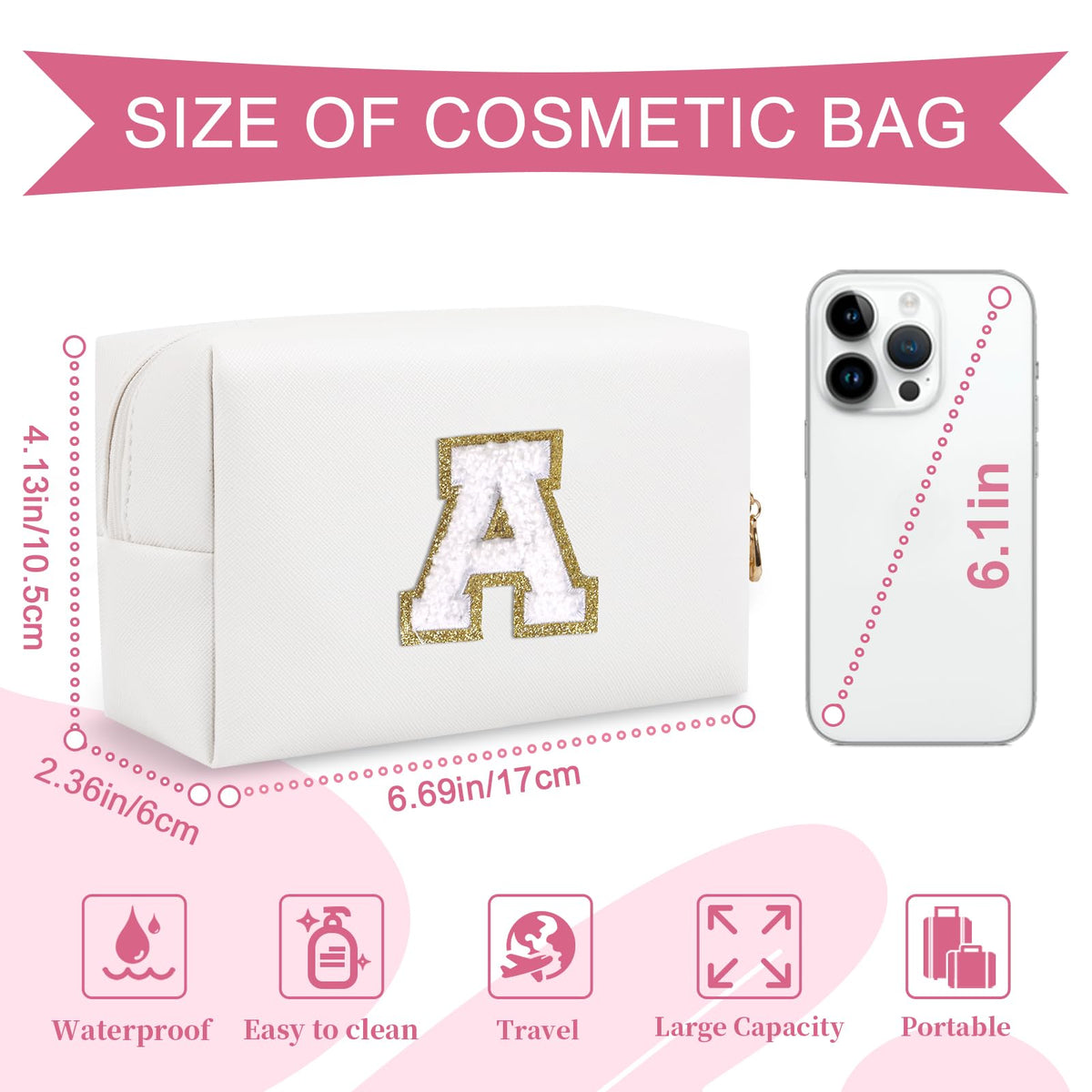 ChaoGreat Small Personalised Initial Makeup Bag side view showing zipper