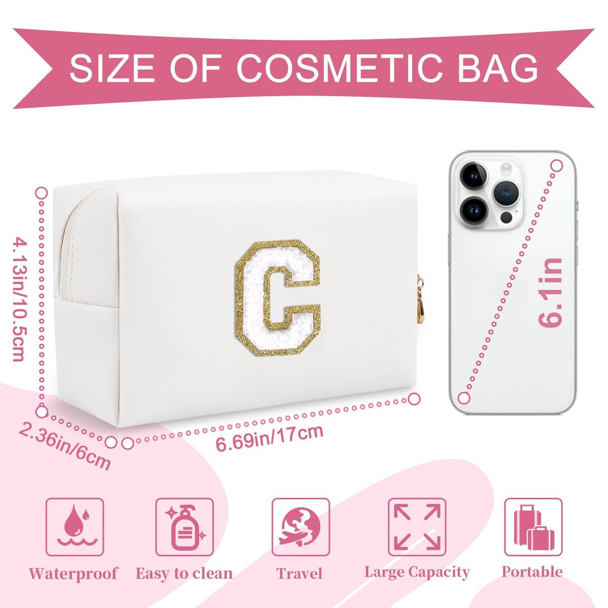 ChaoGreat Small Personalised Initial Makeup Bag side view with letter pattern