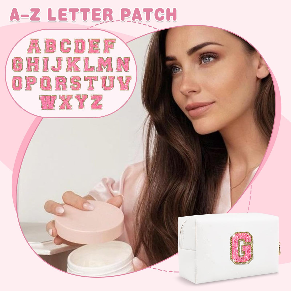 ChaoGreat Small Personalised Initial Patch Makeup Bag displayed with cosmetics