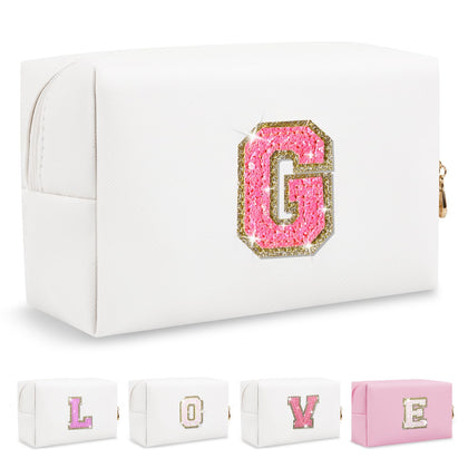 ChaoGreat Small Personalised Initial Patch Makeup Bag front view with glitter