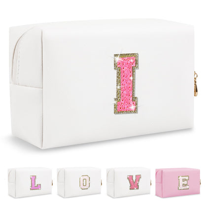 ChaoGreat Small Personalised Initial Patch Makeup Bag front view with glitter details
