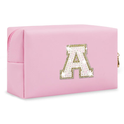 ChaoGreat Small Personalized Initial A-Z Patch Makeup Bag front view in pink