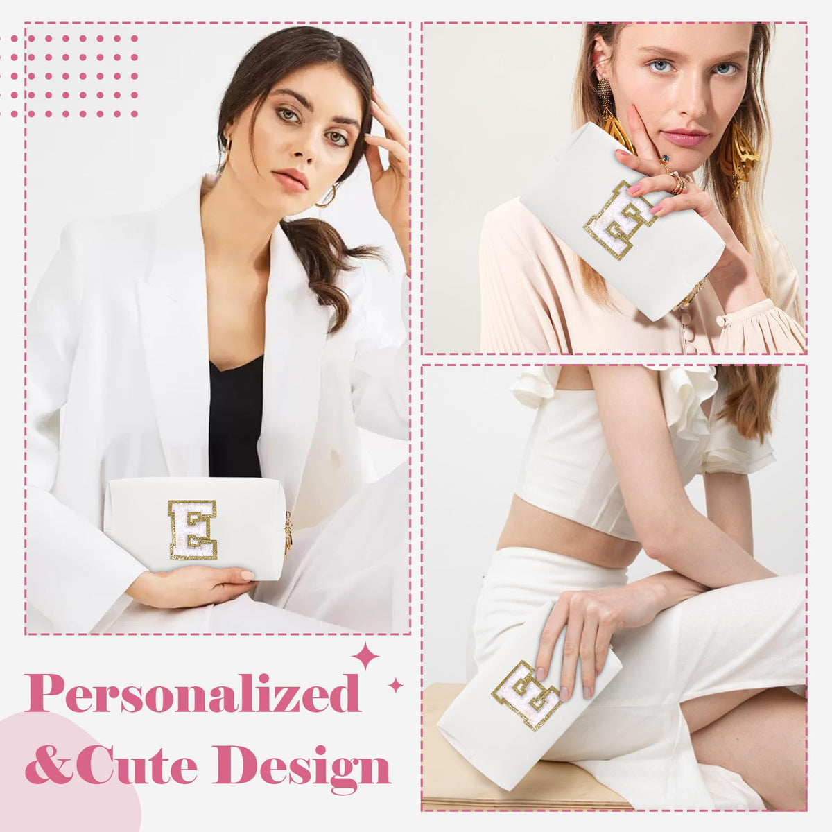 ChaoGreat Small Personalized Initial Makeup Bag open with cosmetics inside