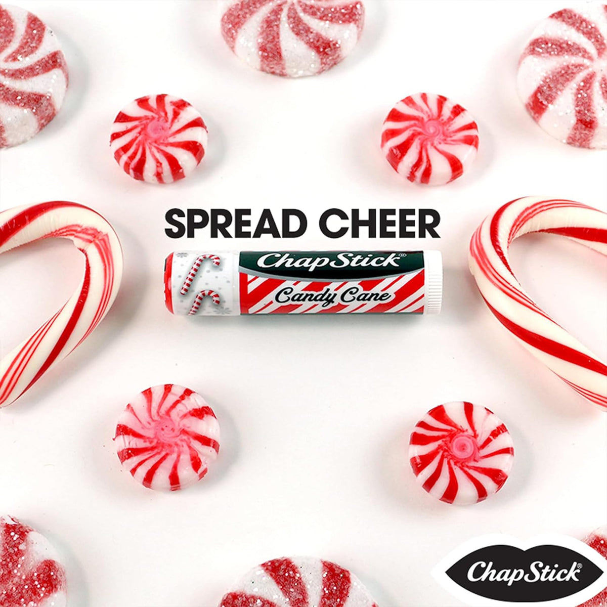 ChapStick Candy Cane Lip Balm displayed with holiday decorations