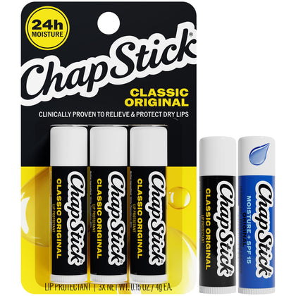 ChapStick Lip Balm Set with 4 Classic Originals and 1 Moisture + SPF 15