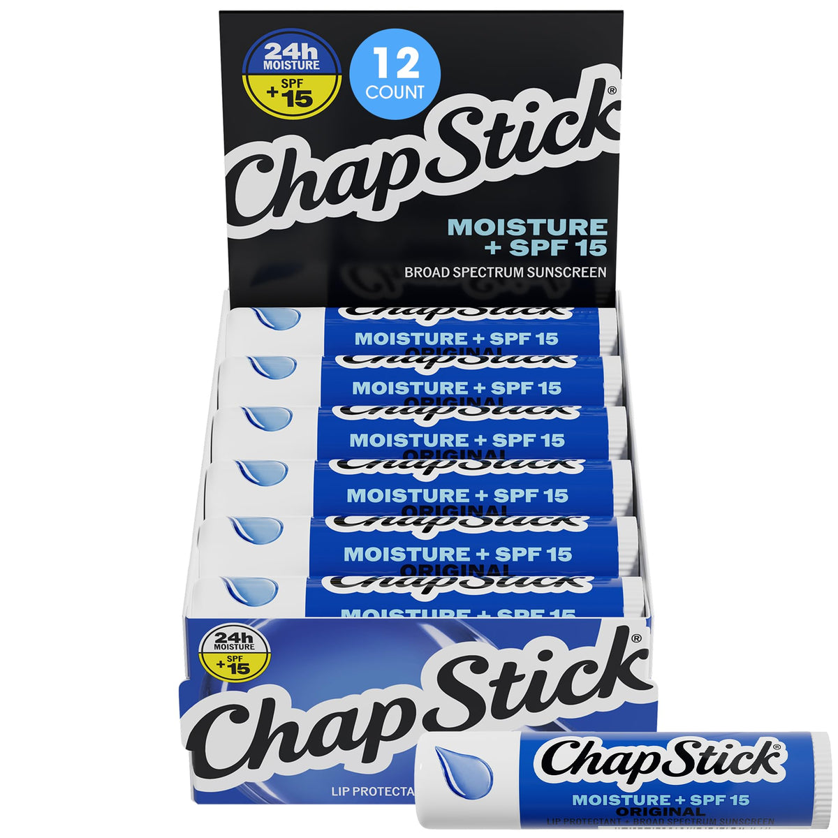 ChapStick Moisture + SPF 15 lip balm 12-pack front view