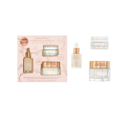 Charlotte Tilbury Hydrate, Plump & Glow Set front view with three skincare products