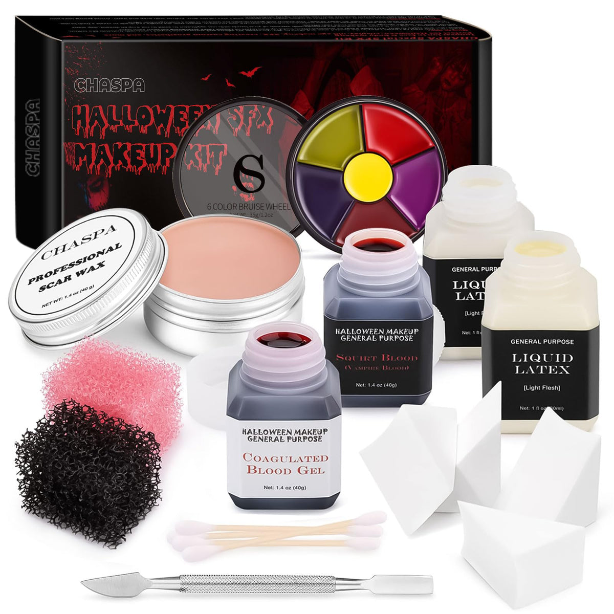 CHASPA Halloween Liquid Latex Makeup Kit contents including scar wax and liquid latex