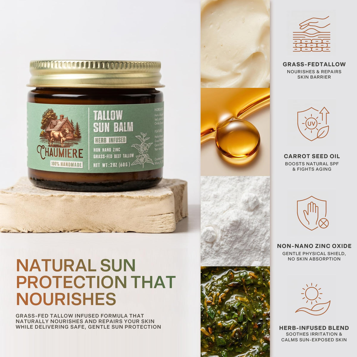 Chaumiere Natural Tallow Sunscreen SPF 50 on outdoor setting