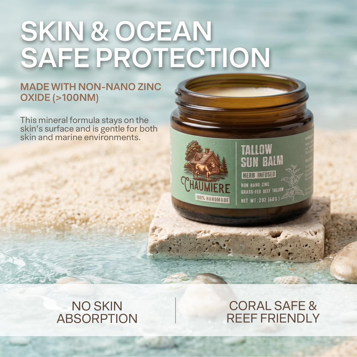 Chaumiere Natural Tallow Sunscreen SPF 50 with beach background