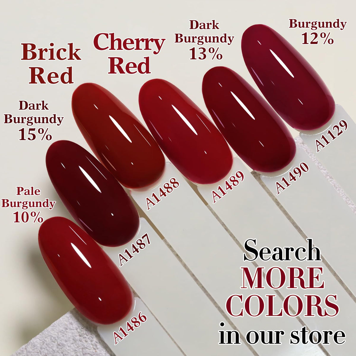 Cherry Red A1489 gel polish applied on nails