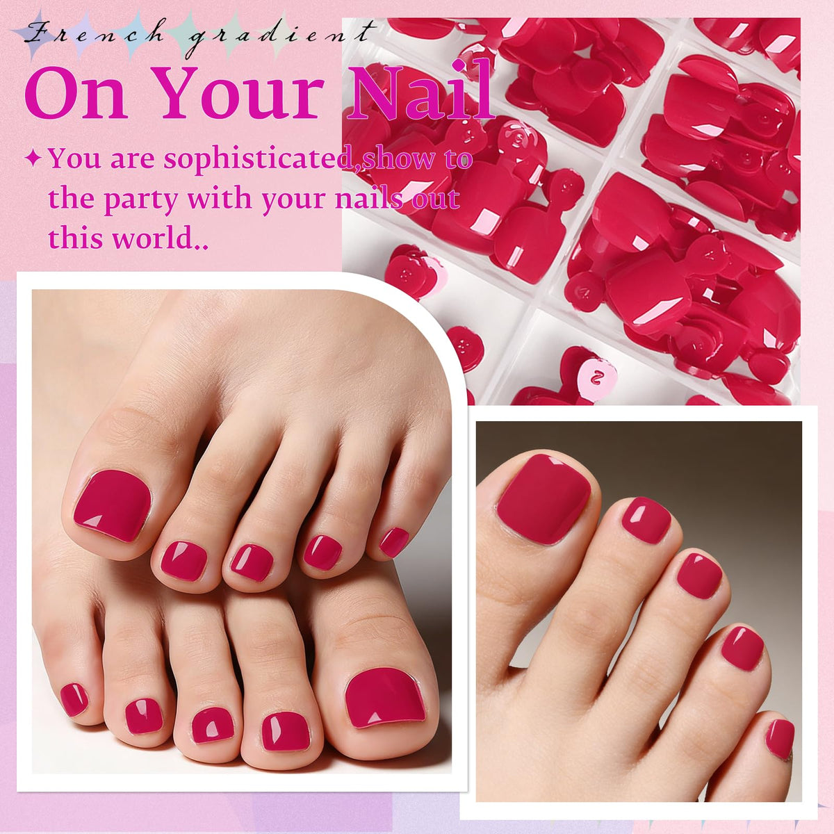 Cherry red toenails applied on feet