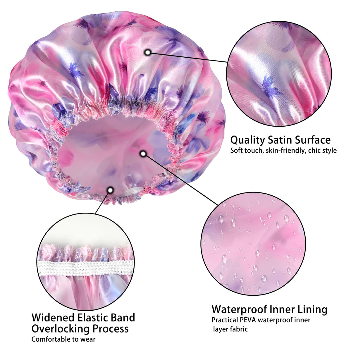 CHFONG Shower Cap - back view showcasing the polyester and PEVA layers