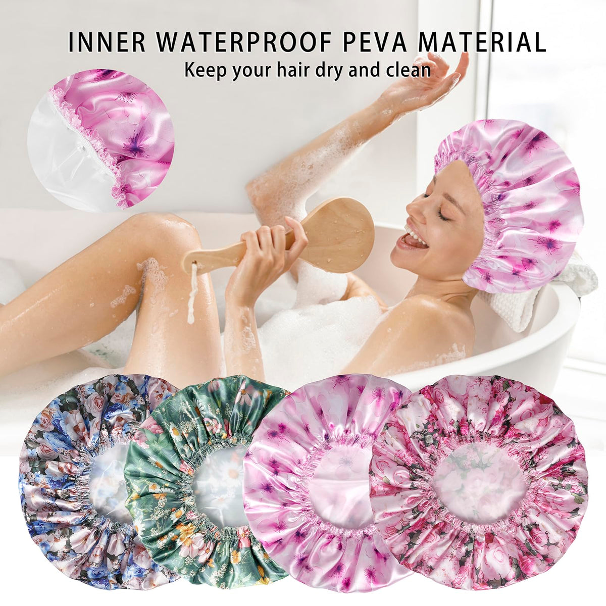 CHFONG Shower Cap packaging showing all four designs